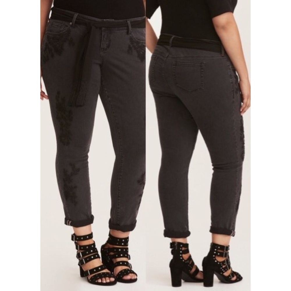 Torrid gray/black embroidered boyfriend jeans